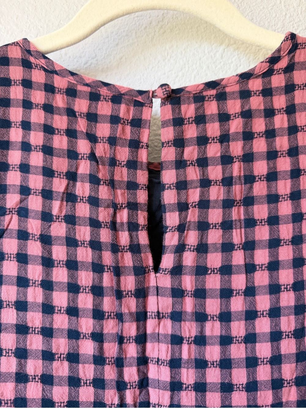 Madewell Short Sleeve Tiered Mini Dress Pink Navy Gingham Check, Like New, XS - Picture 7 of 16